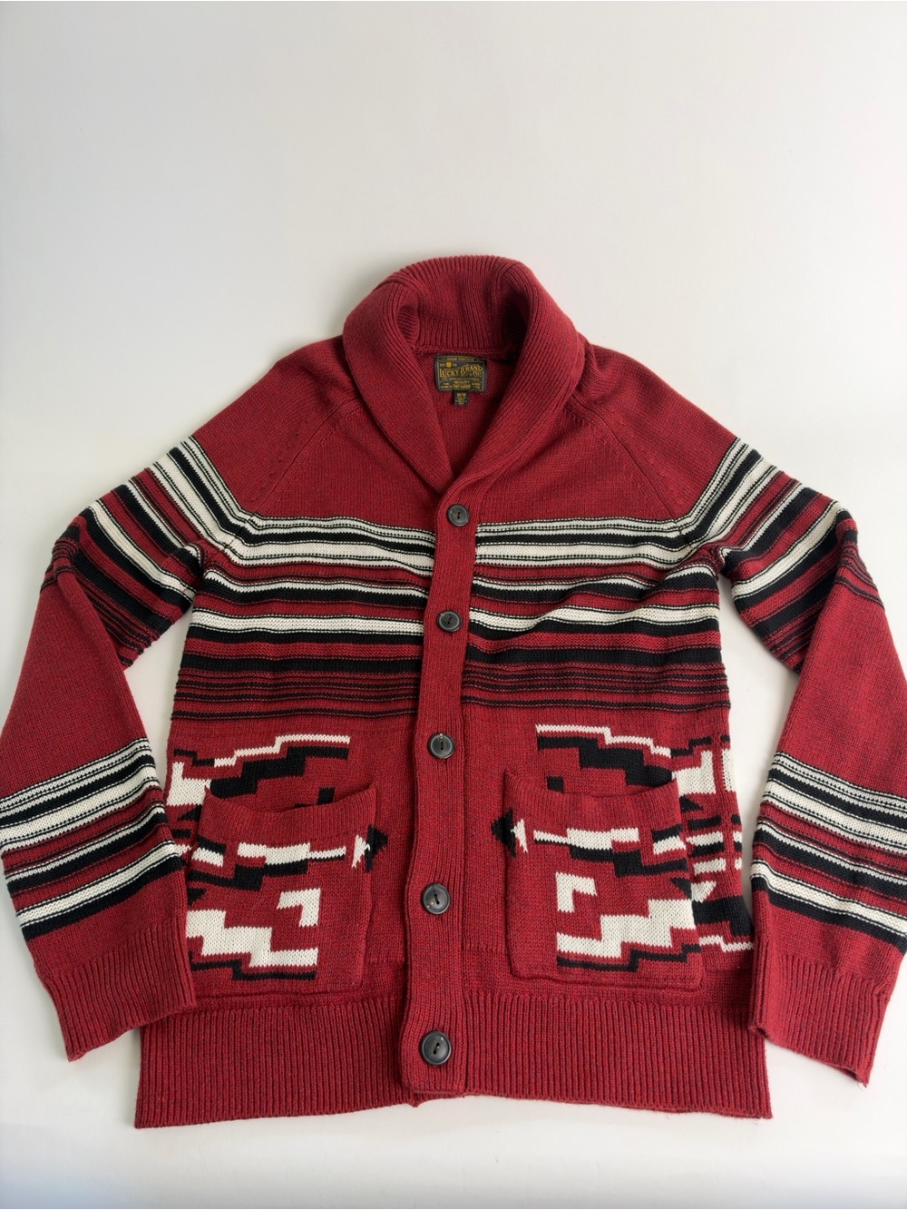Lucky Brand Red Shawl Collar Cardigan with Geometric Stripe Aztec Pattern